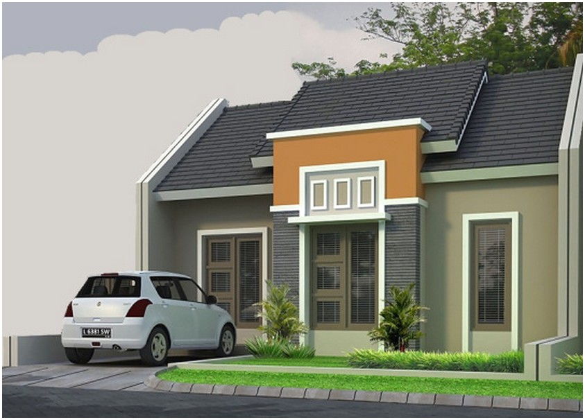 Model desain rumah minimalis 1 lantai mewah nyaman elegan dengan batu alam warna abu abu orange tampak depan