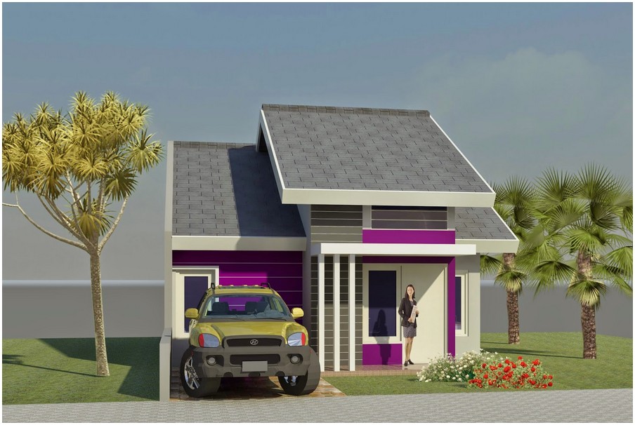 Model desain rumah minimalis 1 lantai mewah nyaman elegan warna ungu genteng abu abu tampak depan terbaru