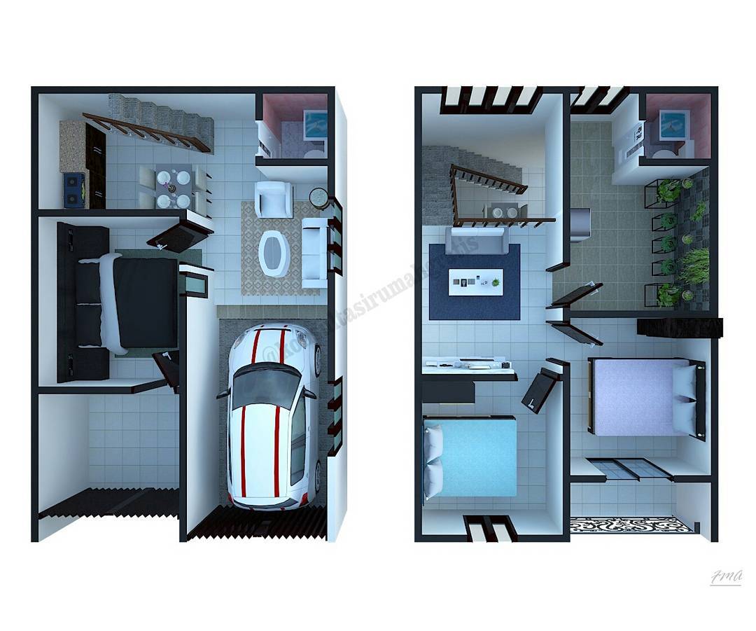 Denah Rumah Minimalis Type 36 2 Lantai Terbaru 3d